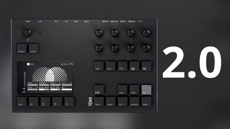 Torso S‑4 Sculpting Sampler, ilustrație realistă în stil foto studio, cu display color, butoane și encodere vizibile, prezentat pe fundal neutru, ideal pentru sound design și producție muzicală