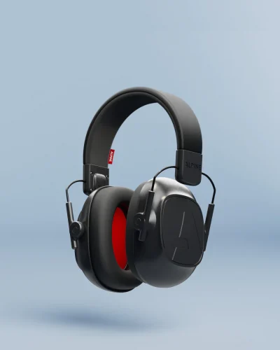 Căști antifonice Alpine Defender negre, design ergonomic cu pernițe moi, utilizate pentru protecție auditivă în medii zgomotoase precum sport, birou și industrie.