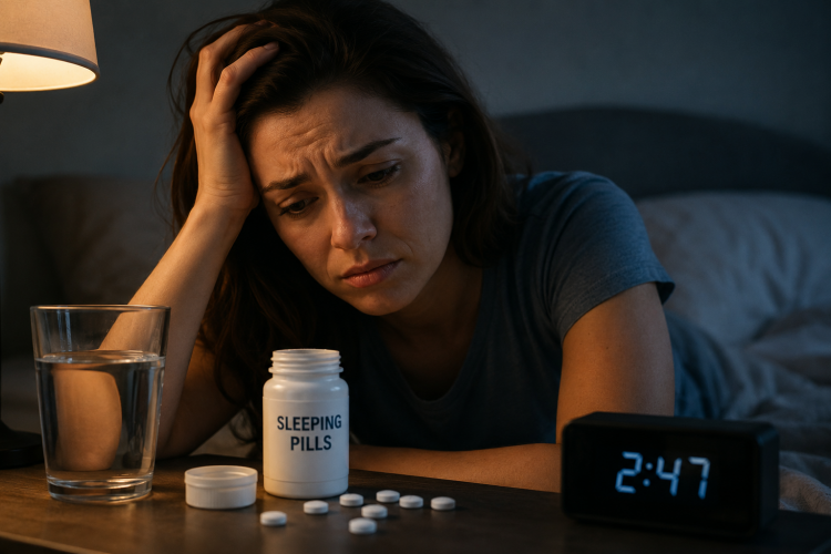 Femeie stresată și anxioasă îngrijorată în timp ce încearcă să doarmă, cu pastile pentru somn și un flacon de medicamente pe noptieră, sugerând dificultăți de somn și utilizarea somniferelor.