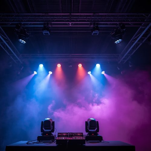 Închiriere lumini de scenă profesionale cu 2 Moving Head Beam, 4 Moving Head Wash LED, schelă de lumini, DMX512 și mașină de ceață pentru evenimente, concerte și nunți