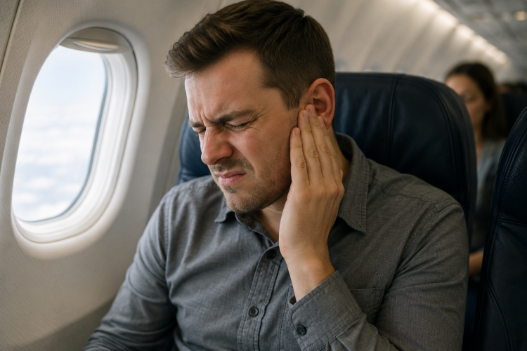 Pasager în avion care își ține mâna la ureche din cauza durerii provocate de schimbările de presiune din timpul zborului.
