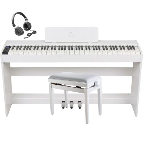 Pian digital Soundsation ICHOS alb cu 88 de clape Hammer Action, stativ din lemn și 3 pedale, ideal pentru studiu și interpretare.