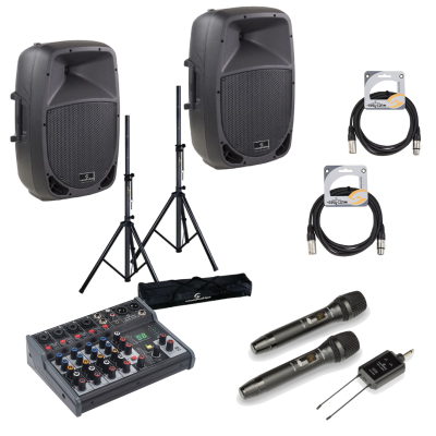 Soundsation GO-Sound 12A - Set boxe active - 880W (Mixer, Microfoane Wireless, Stative, Cabluri)