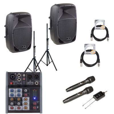 Soundsation GO-Sound 10A - Set boxe active (mixer, microfoane wireless, stative, cabluri)