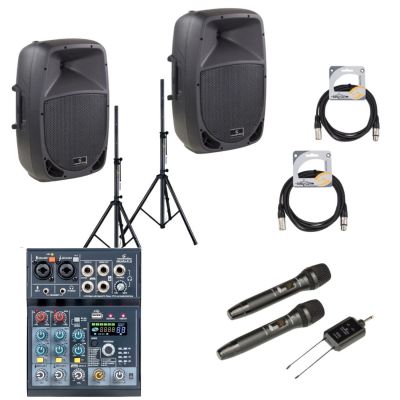 Soundsation GO-Sound 10A - Set boxe active (mixer, microfoane wireless, stative, cabluri), 2 x 480W (putere muzicala)