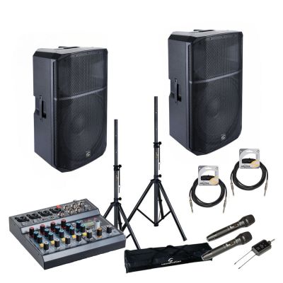 Soundsation HYPER Top 15A - Set boxe active (Mixer, Microfoane Wireless, Stative, Cabluri), 2 x 1000W (putere muzicala)