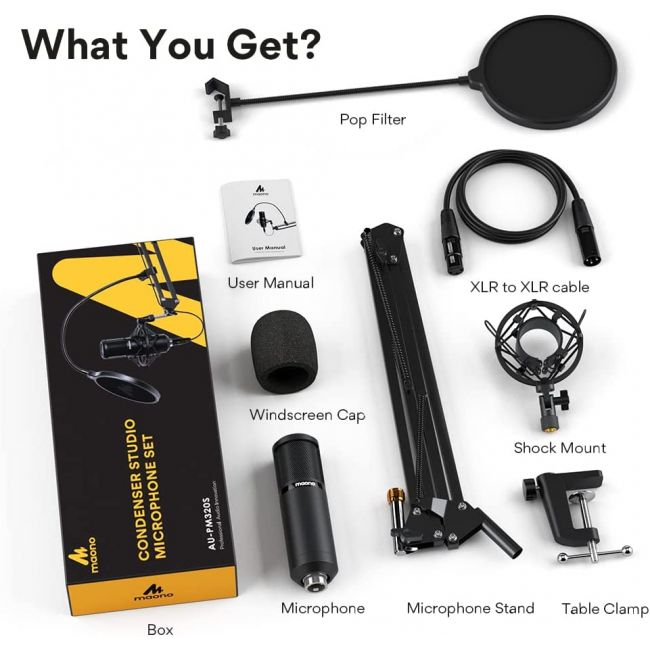 MAONO AU-PM320S - Set microfon condenser profesional studio (cablu XLR, windscreen, clemă, pop filter, shock mount)