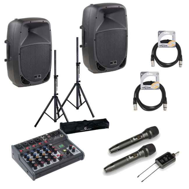 Soundsation GO-Sound 15A - Set boxe active (mixer, microfoane wireless, stative, cabluri)
