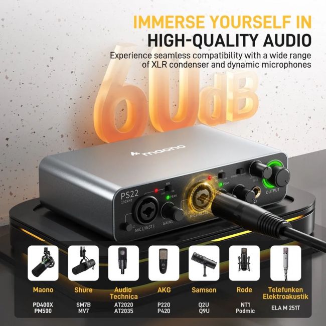 MAONO PS22 - Interfață audio pentru înregistrare, producție muzicală, chitară