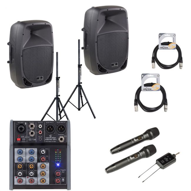 Soundsation GO-Sound 10A - Set boxe active (mixer, microfoane wireless, stative, cabluri)