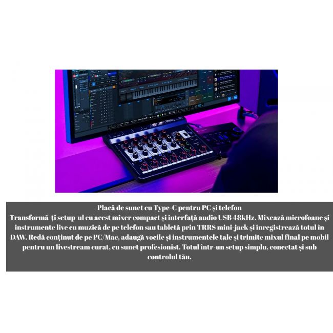 MIOSTREAM4 - Mixer audio producție audio live, streaming, podcasting YouTube, TikTok sau Twitch