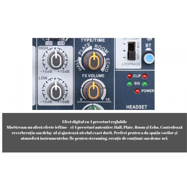 MIOSTREAM4 - Mixer audio producție audio live, streaming, podcasting YouTube, TikTok sau Twitch