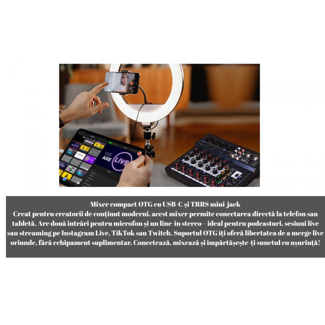 MIOSTREAM6 - Mixer audio producție audio live, streaming, podcasting YouTube, TikTok sau Twitch