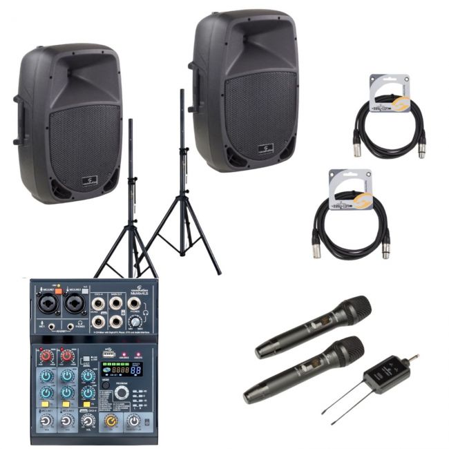 Soundsation GO-Sound 10A - Set boxe active (mixer, microfoane wireless, stative, cabluri), 2 x 480W (putere muzicala)