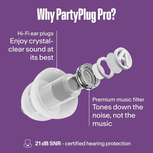 Alpine MusicSafe PartyPlug Pro Transparent 2025 - Dopuri antifonice pentru concert si solutie de curatare