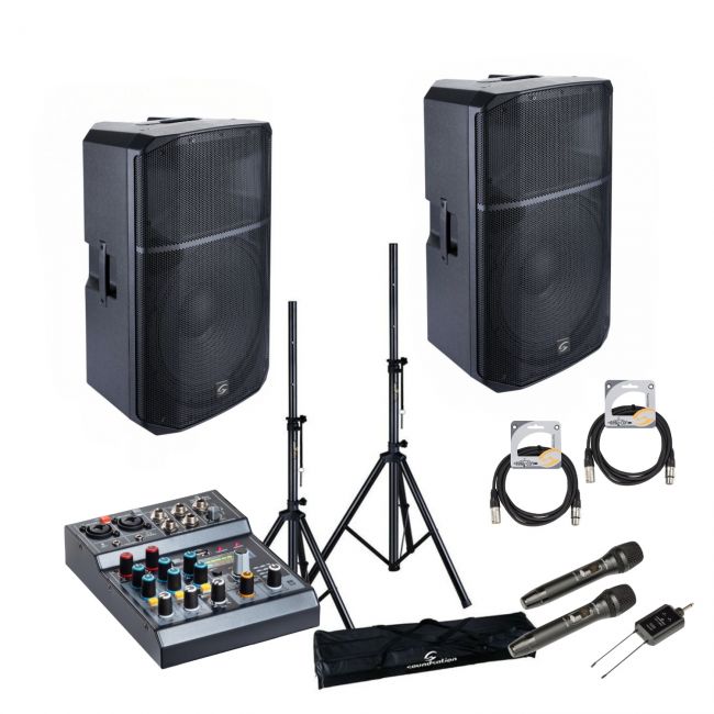 Soundsation PROVIBE 12A - Set boxe active (mixer, microfoane wireless si stative), 2 x 880W (putere muzicala)
