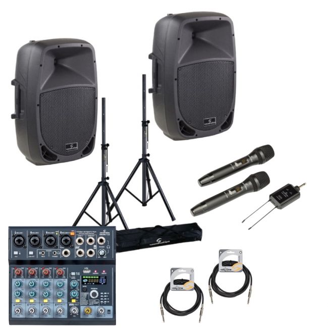 Soundsation GO-Sound 15A - Set boxe active (mixer, microfoane wireless, stative, cabluri), 2 x 880W (putere muzicala)