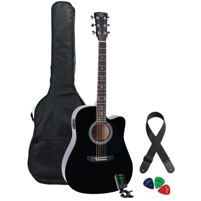 Soundsation AC-GP-44CEBK - Set chitara electro-acustica (husa, curea, tuner electronic, pene de chitara)