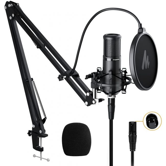 MAONO Maonocaster AME2 Bundle - Set de echipamente pentru podcast (consola/mixer, microfon, casti audio, stativ de masa)