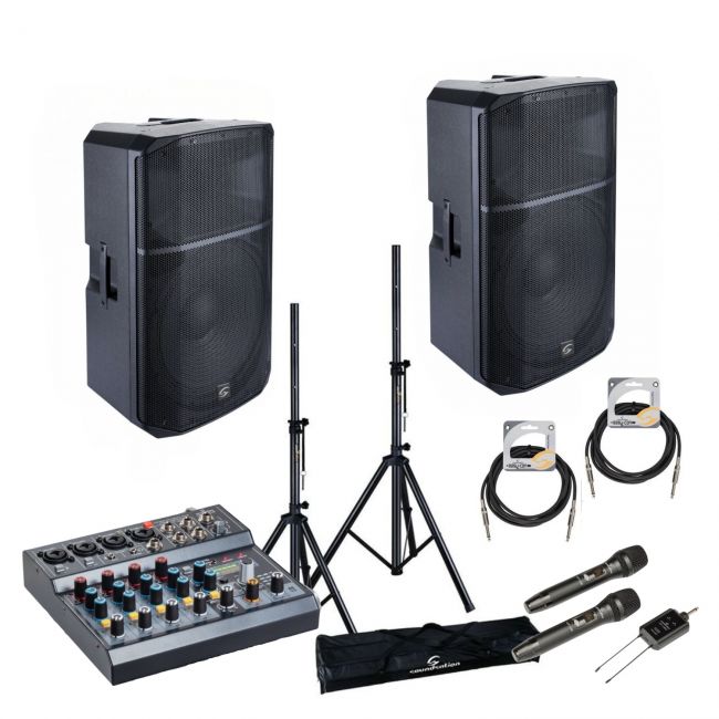 Soundsation HYPER Top 15A - Set boxe active (Mixer, Microfoane Wireless, Stative, Cabluri), 2 x 1000W (putere muzicala)