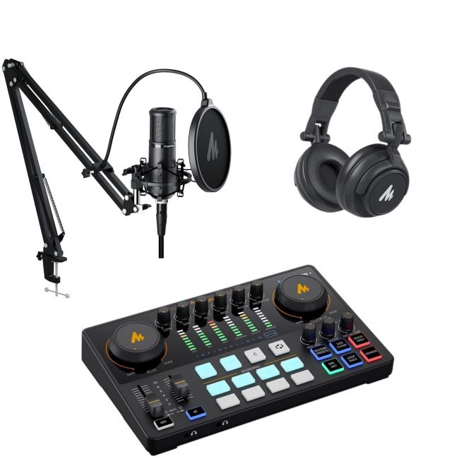 MAONO Maonocaster AME2 Bundle - Set de echipamente pentru podcast (consola/mixer, microfon, casti audio, stativ de masa)